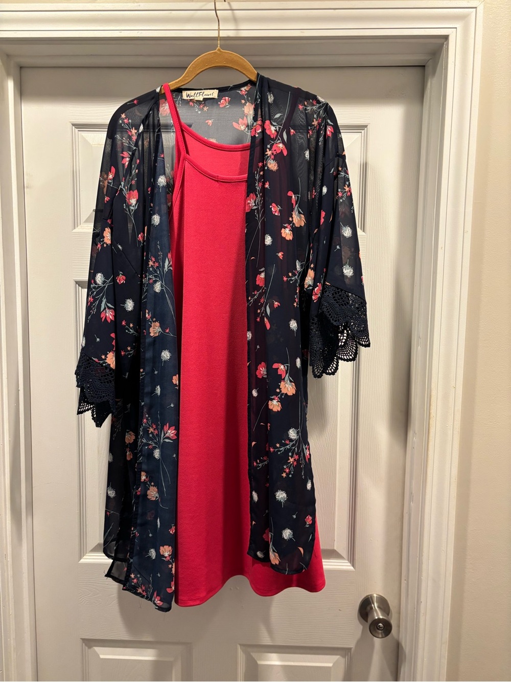 Wallflower Navy Floral Sheer Kimono with Hot Pink Slip